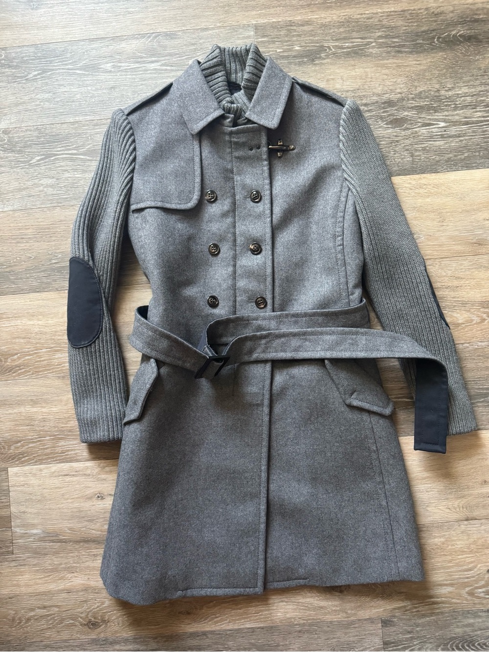 Fay Italy Wool Coat Double Breasted Knit Sleeve Elbow Patch Belted